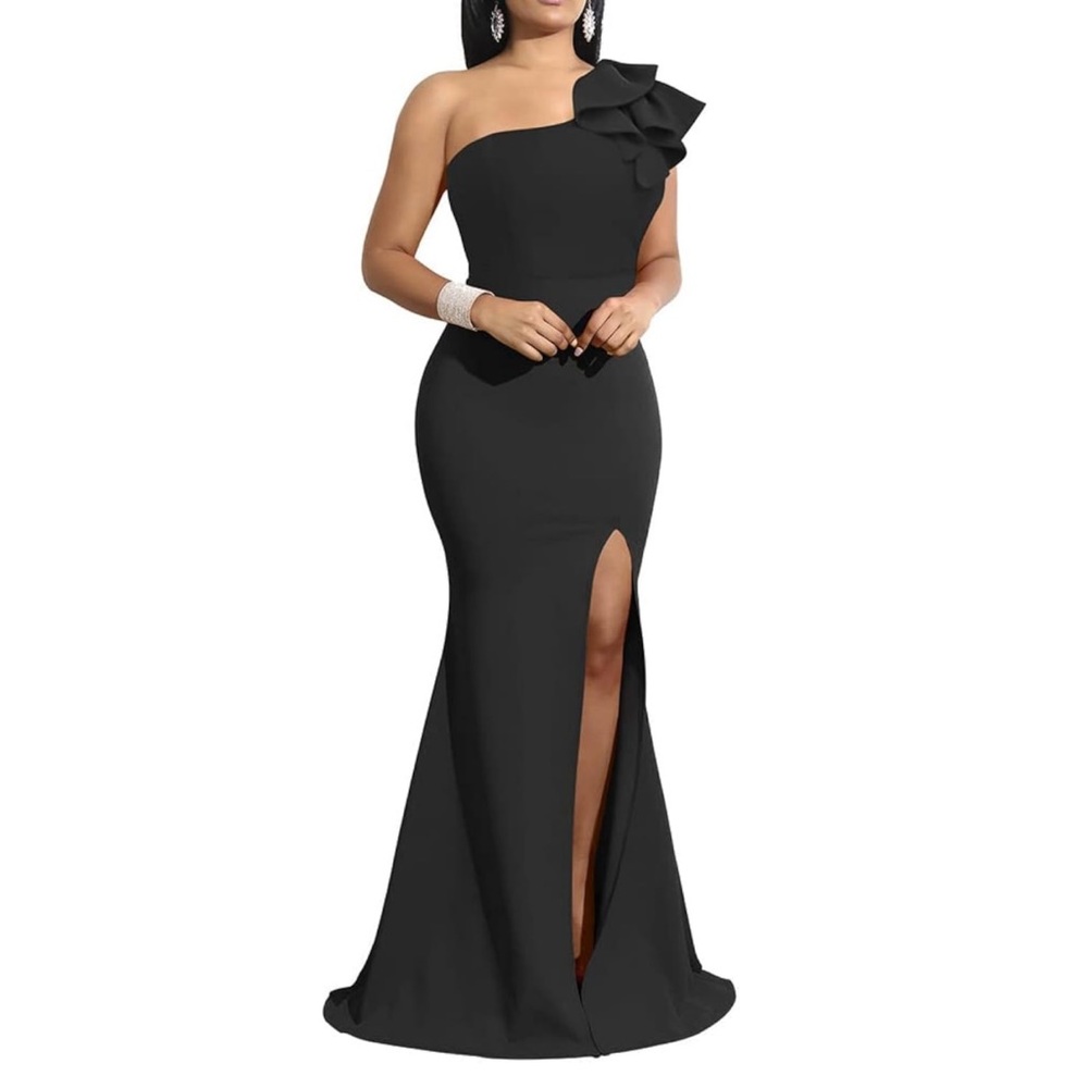 Women's Sleeveless One Shoulder Ruffle High Split Party Evening Long Dress